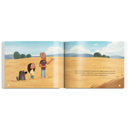 Photo of Inside pages of 'L’envol De L’aube: Un Récit Lakota', this french canadian indigenous children's books, written By Kevin Locke, publisher Medicine Wheel Education