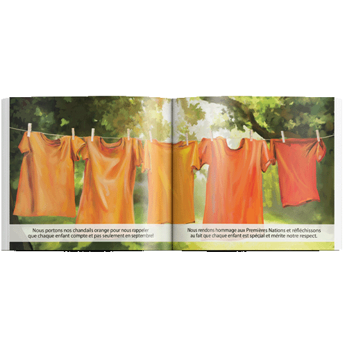 Photo of Inside pages of 'Le Chandail Orange De Phyllis', this french canadian indigenous children's books, written By Phyllis Webstad, publisher Medicine Wheel Education