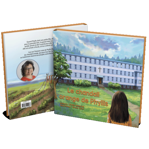 Photo of the cover of 'Le Chandail Orange De Phyllis', this french canadian indigenous children's books, written By Phyllis Webstad, publisher Medicine Wheel Education