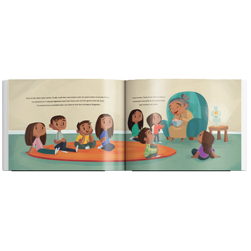 Photo of Inside pages of 'Le Cercle De Partage', this french canadian indigenous children's books, written By Trudy Spiller, publisher Medicine Wheel Education