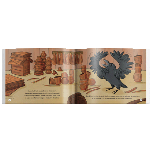 Photo of Inside pages of 'Festin Du Corbeau', this french canadian indigenous children's books, written By Ḵung Jaadee, publisher Medicine Wheel Education