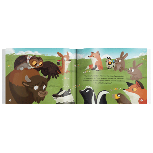 Photo of Inside pages of 'Le Cercle De Partage', this french canadian indigenous children's books, written By Theresa “Corky” Larsen-Jonasson Medicine Wheel Education