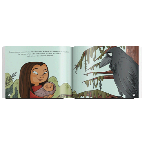 Photo of Inside pages of 'Festin Du Corbeau', this french canadian indigenous children's books, written By Ḵung Jaadee, publisher Medicine Wheel Education